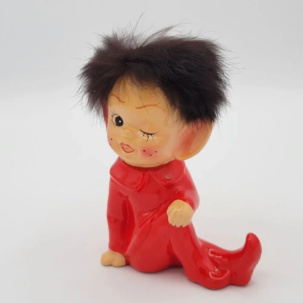 RARE Pristine 1950's Winking Red Pixie Elf Pointy Ear Real Fur Hair Figurine